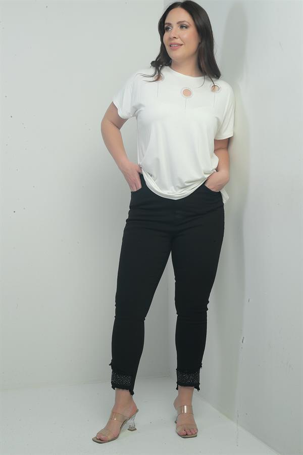 Pantalon en toile grande taille pour femme, coupe slim, orné de pierres et de pompons, en tissu Lycra