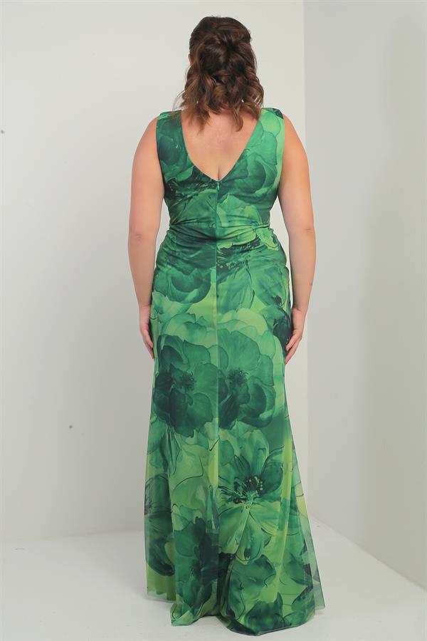 Women's Front and Back V-Neck Lined Draped Front 3D Floral Pattern Plus Size Tulle Long Dress