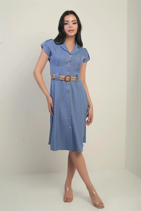 Women's Collared, Off-Shoulder, Double-Pocket, Belted Linen-Effect Dress