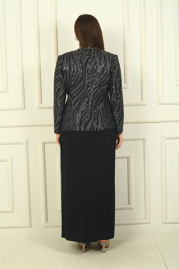 Ensemble 3 pièces grande taille pour femme : veste à sequins, chemisier à manches courtes, jupe longue doublée en crêpe