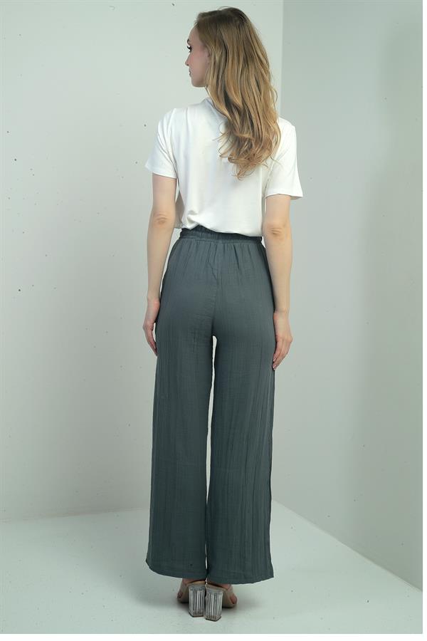 Pantalon palazzo en mousseline pour femme, avec taille élastique et poches