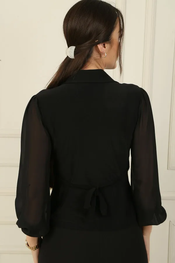 Polo Kruvaze Yaka Düğmeli Şifon Kol Anvelop Bluz