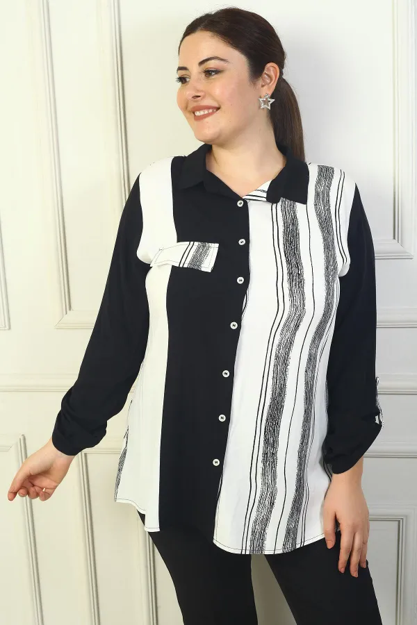 Chemise grande taille pour femme avec fausses poches, manches retroussables et rayures verticales