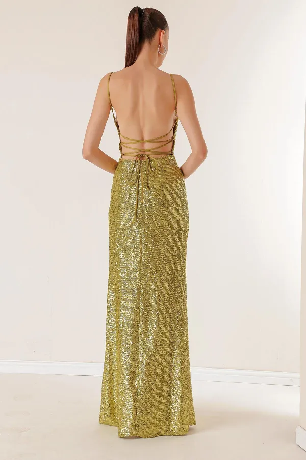 İp Askılı Önü Drapeli Arkası Bağcıklı Astarlı Uzun Pulpayet Elbise