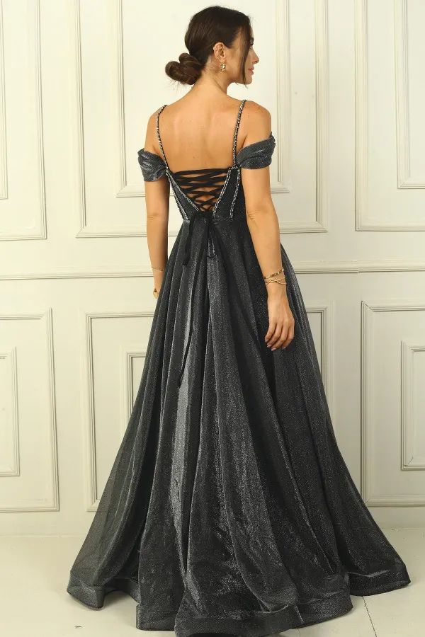 Strappy Low Sleeve Beaded Detailed Lined Glittery Long Dress