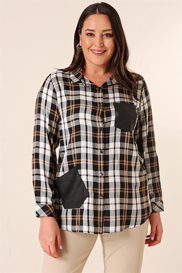 Chemise à carreaux grande taille avec boutons métalliques, détails en cuir, double poche et manches retroussables
