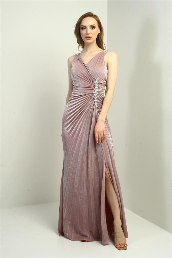 Women's Wrap Neckline Long Evening Dress with Thick Shoulder Stone Detail, Stone Embellished Front, Gathered, and Slit