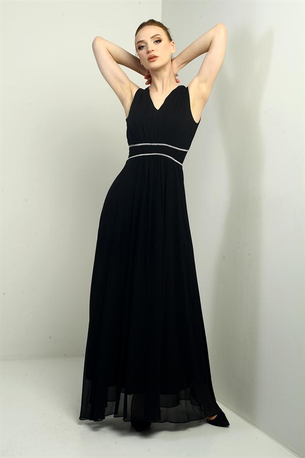 Women's V-Neck Long Crepe Chiffon Dress with Stone Detail at Waist, Gathered Front, Lined, and Tie-Back Closure.