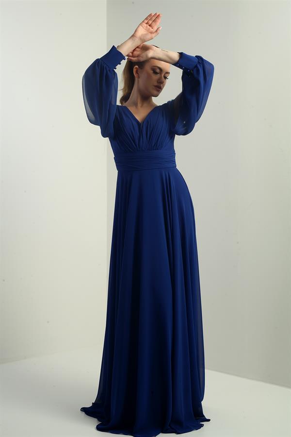 Front and back V-neck, draped front, tulle sleeves, lined, wide-length chiffon dress.