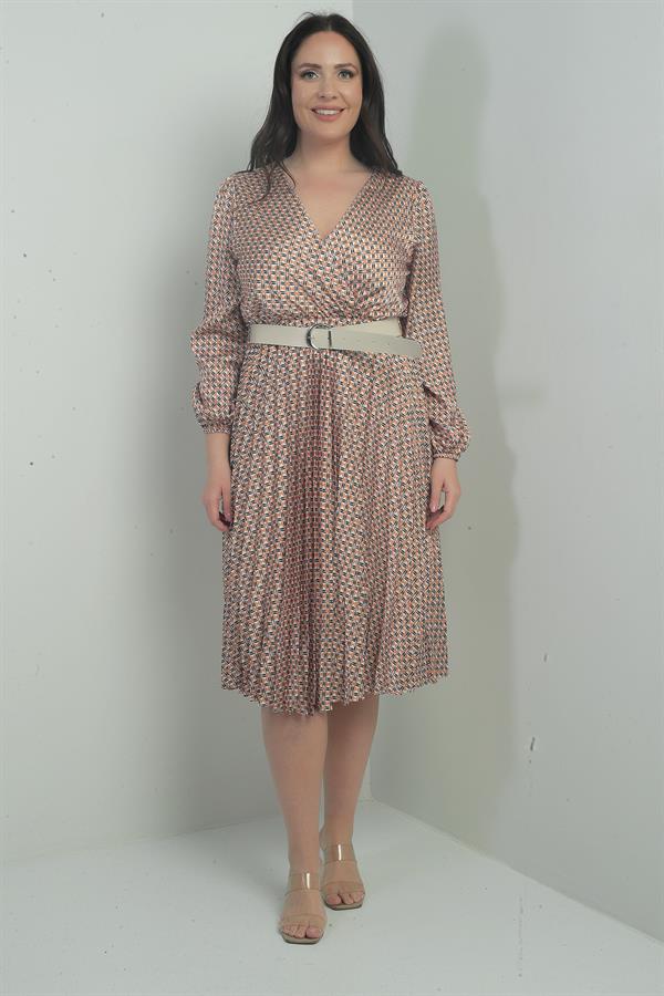 Kadın Kruvaze Yaka Beli Kemerli Astarlı Desenli Pileli Midi Saten B.B Elbise