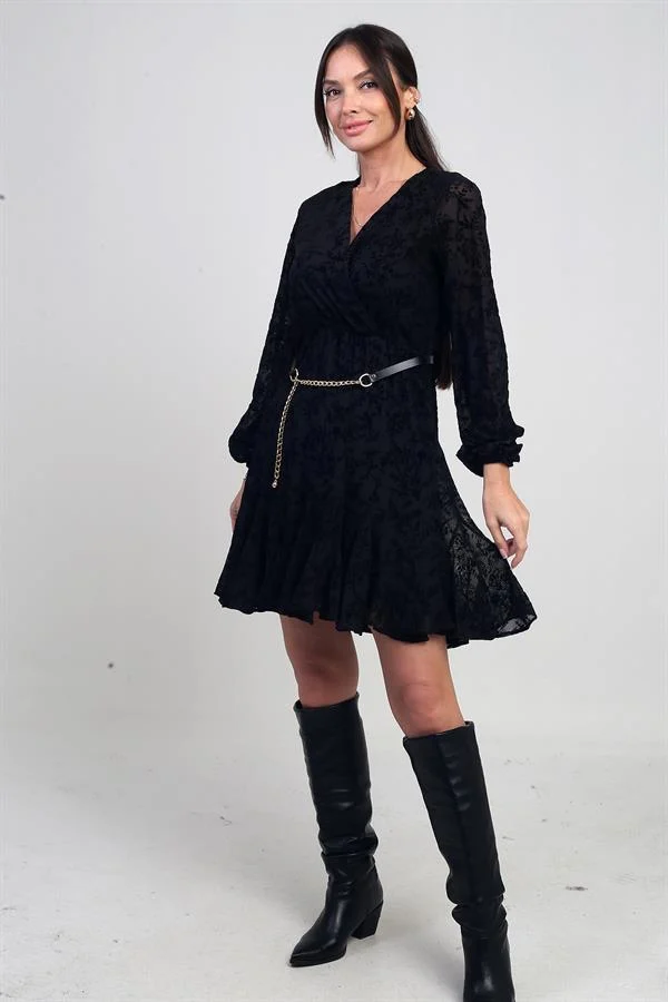 Robe courte en tulle imprimé floqué, doublée et à double boutonnage pour femme