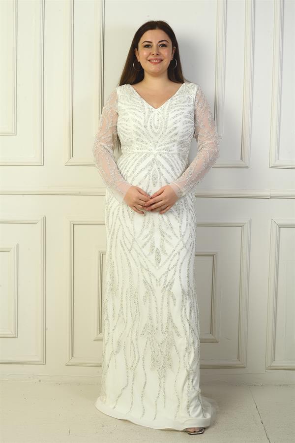 Front and Back V-Neck, Tulle Sleeves, Lined, Embellished Long Plus Size Dress