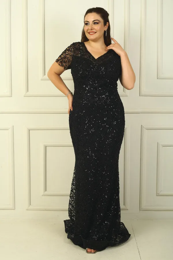 Ön Arka V Yaka Astarlı Boncuk-Pul İşlemeli Büyük Beden Abiye Elbise