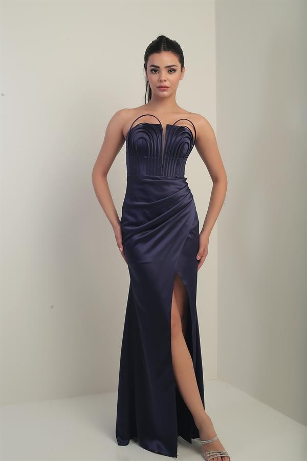 Women's Strapless Front Underwire Lined Satin Long Dress