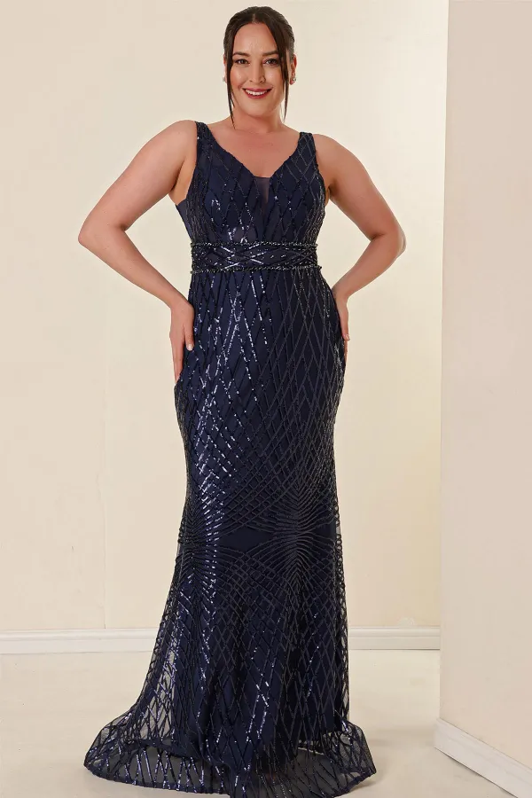 Robe longue à sequins grande taille pour femme, col en V, doublure, détails perlés