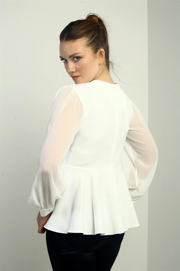 Kadın Kruvaze Yaka Şifon Kollu Çiçek Detaylı Likralı Bluz