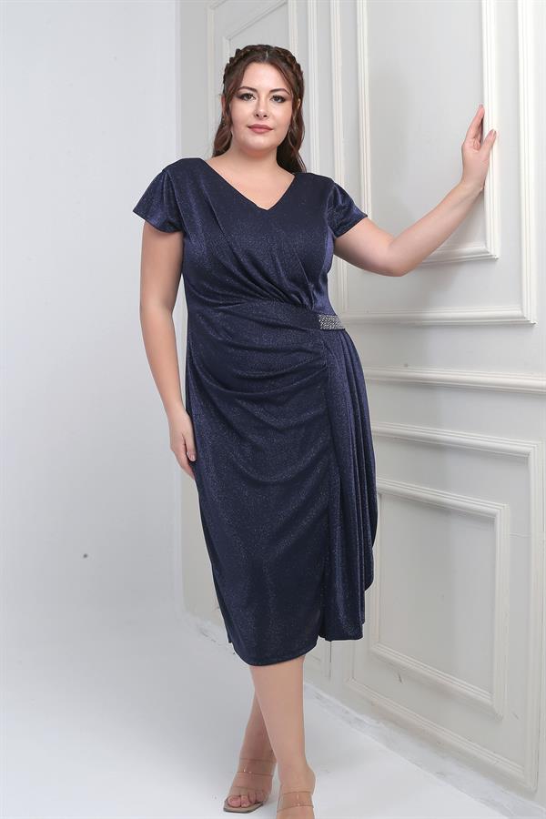 Women's Front Back V Neck Waist Stone Detail Lined Glittery Sandy Fabric Plus Size Midi Dress