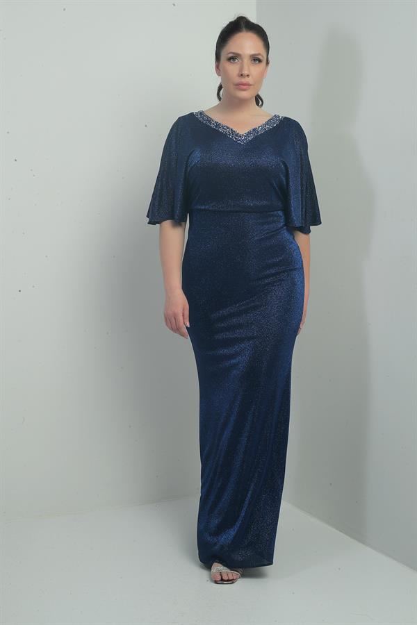 Robe longue pailletée grande taille pour femme, ornée de détails sur le devant et le dos, décolleté en V, doublée, manches chauve-souris et décolleté plongeant.