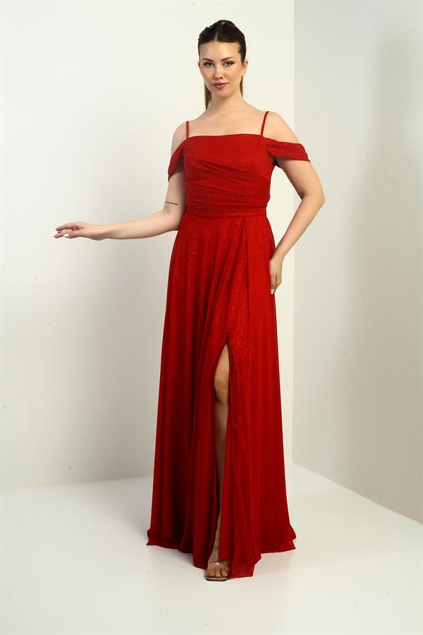 Kadın İp Askılı Eteği Kloş Astarlı Uzun Simli Elbise