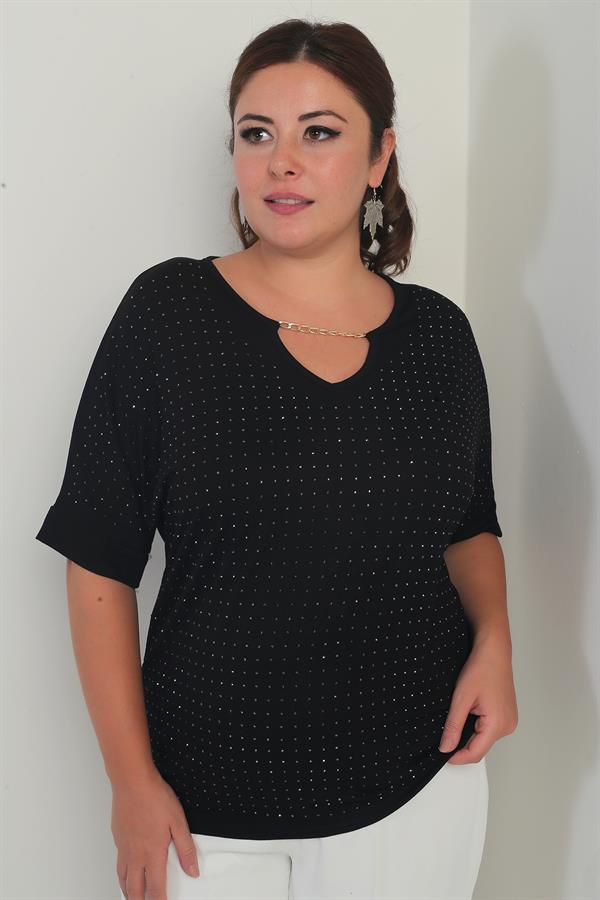 Kadın Yakası Zincirli Kısa Yarasa Kollu Taşlı Likralı Büyük Beden Bluz