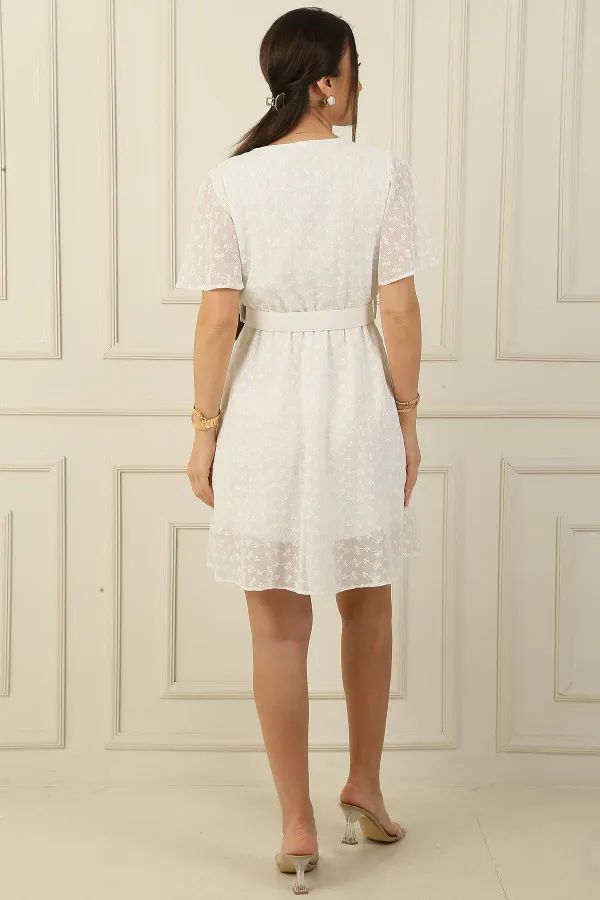 Double-breasted Collar, Flounced Sleeves, Lined, Floral Embroidered, Waist Belted Dress