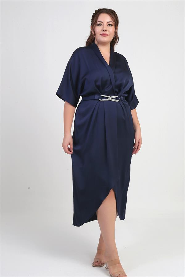 Women's Wrap Neck Short Batwing Sleeve Double Pleated Crepe Satin Plus Size Midi Designer Dress