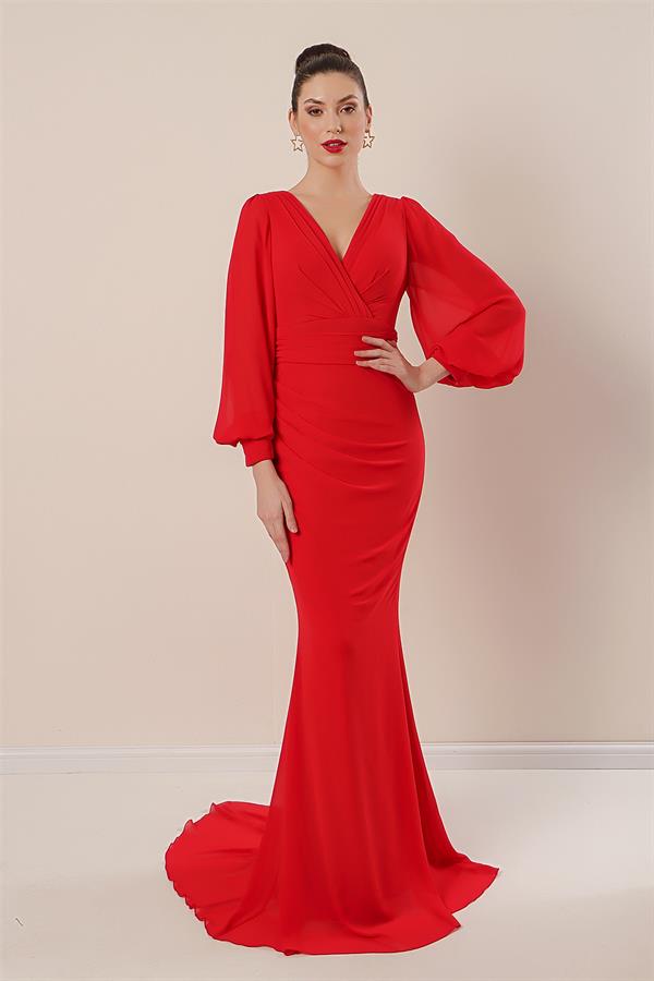 Kruvaze Yaka Önü Büzgülü Astarlı Uzun Şifon Elbise