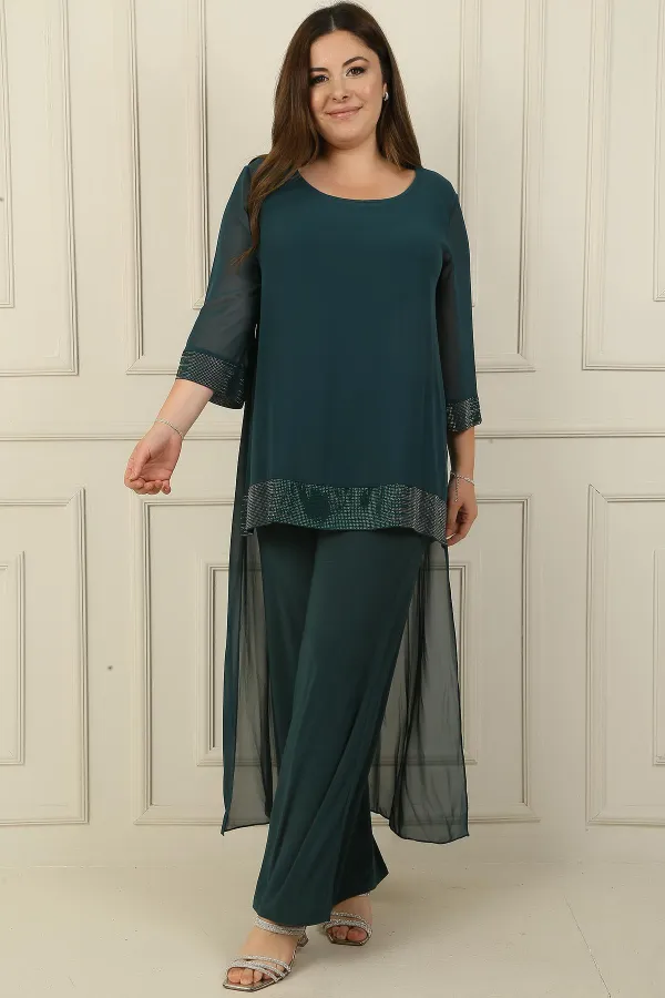 Sandy Plus Size Jumpsuit with Stone Detail Chiffon Lycra Top