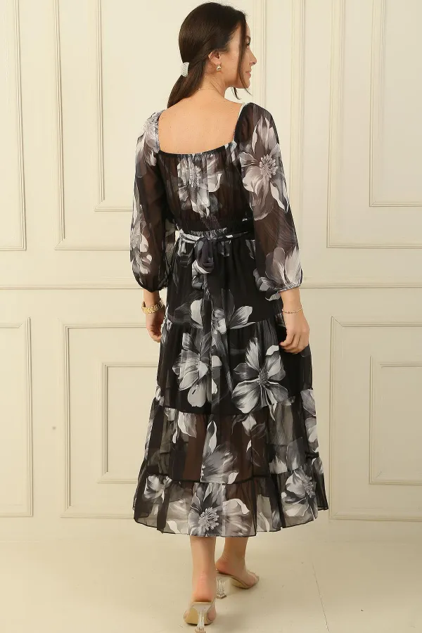 Madonna Yaka Astarlı Çapraz Bağlamalı Çiçekli Kruvaze Şifon Elbise