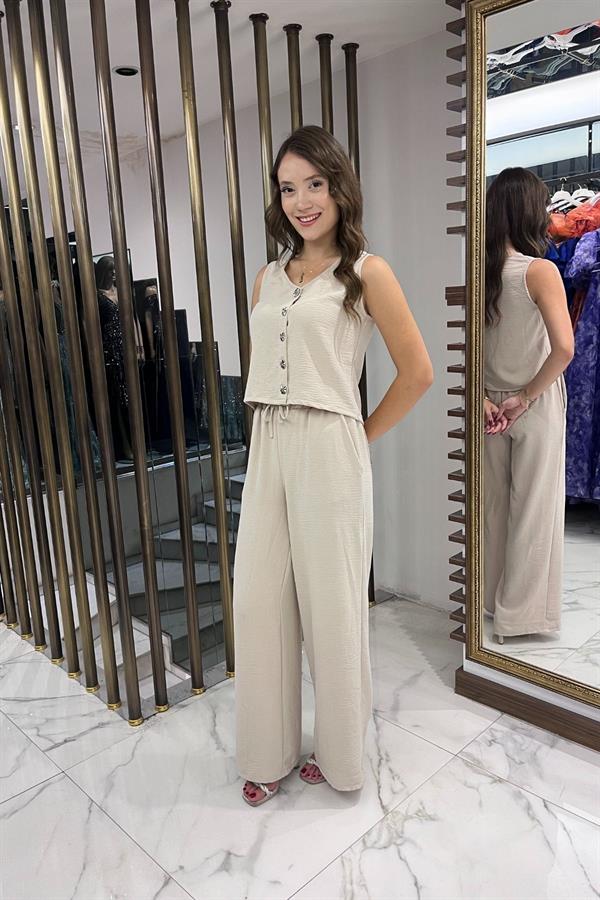 Women's V-Neck Button-Front Blouse, Elastic Waist, Pocketed Palazzo Pants Ayrobin 2-Piece Set