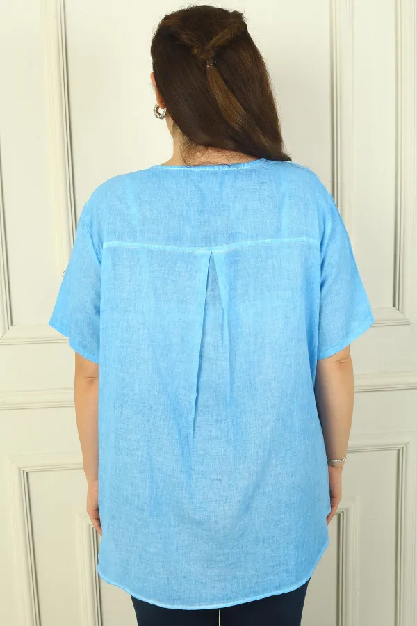 Daire Desenli Metal Düğmeli Yıkamalı Kısa Kol Büyük Beden Gömlek