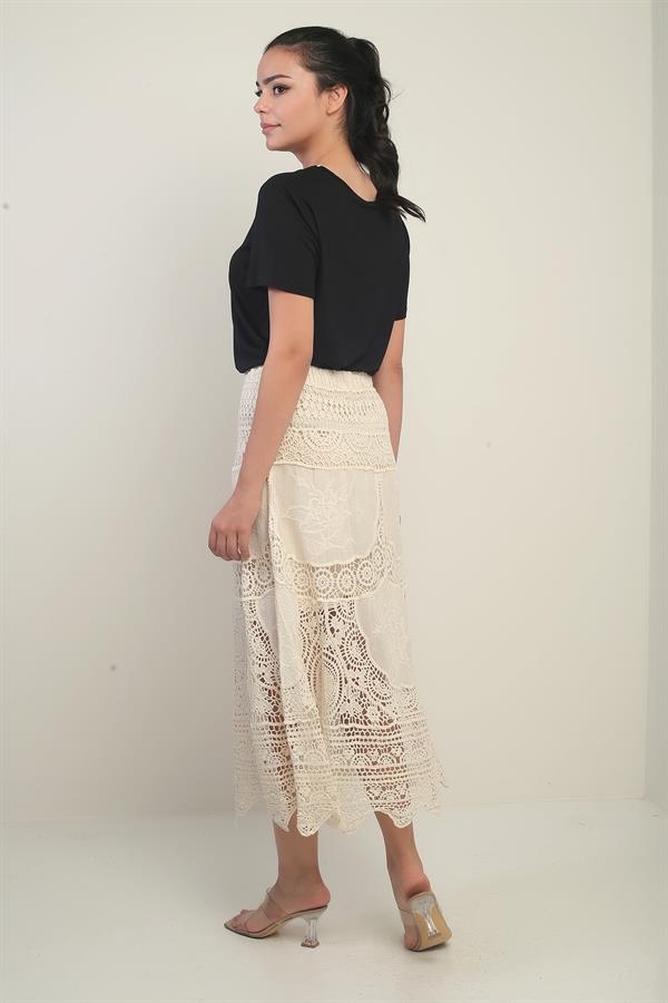 Kadın Beli Lastikli Astarlı Dantel Fisto Midi Etek