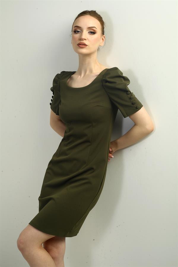 Women's Boat Neck Dress with Buttoned Sleeves, Pleated, and Zipper Back