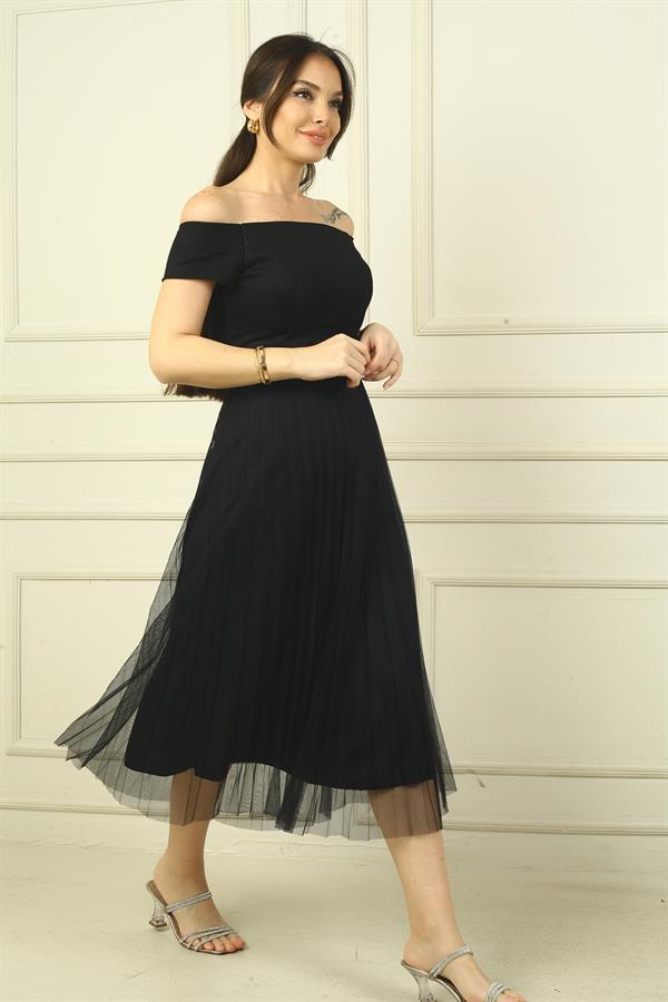 Madonna Yaka Astarlı Eteği Şifon Pilisoley Elbise