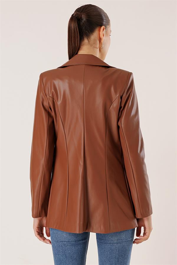 Tek Düğmeli Sahte Cepli Astarlı Deri Ceket