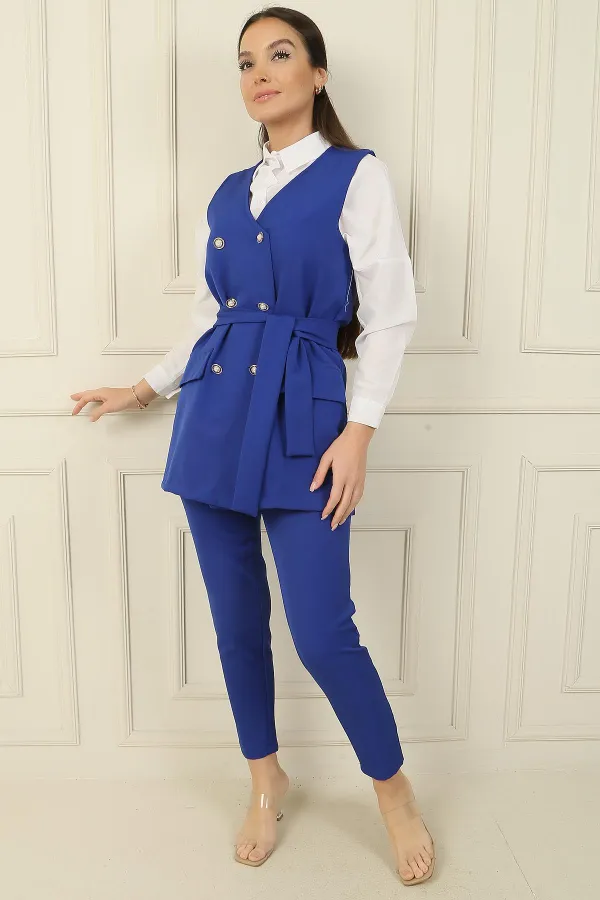 6 Düğmeli Sahte Cepli Kuşaklı Yelek Beli Lastikli Dar Paça Pantolon 2'li Takım