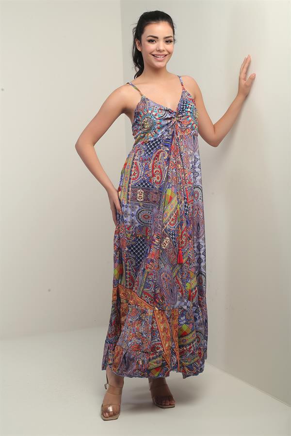 Women's Strappy Long Satin Dress with Embroidered Back Detail and Pattern