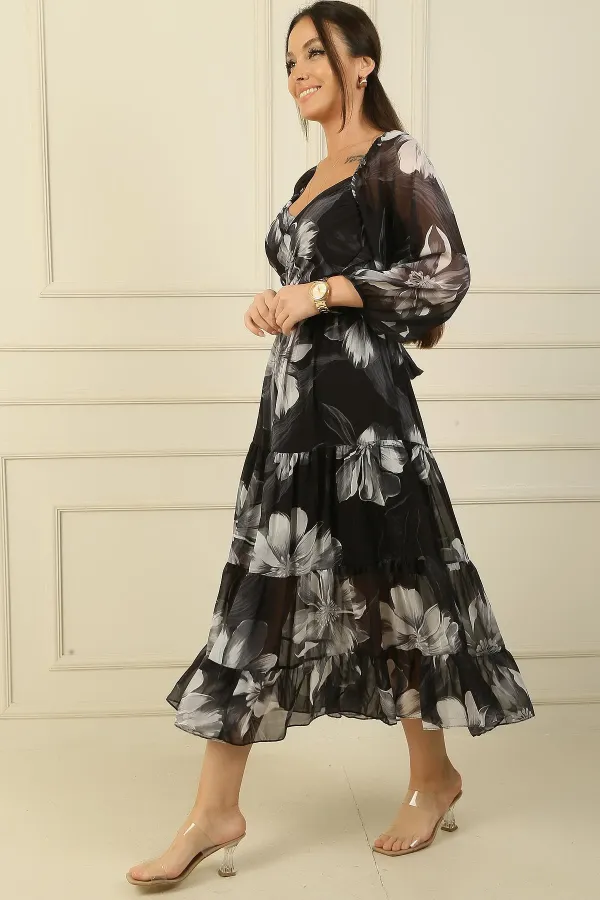 Madonna Yaka Astarlı Çapraz Bağlamalı Çiçekli Kruvaze Şifon Elbise