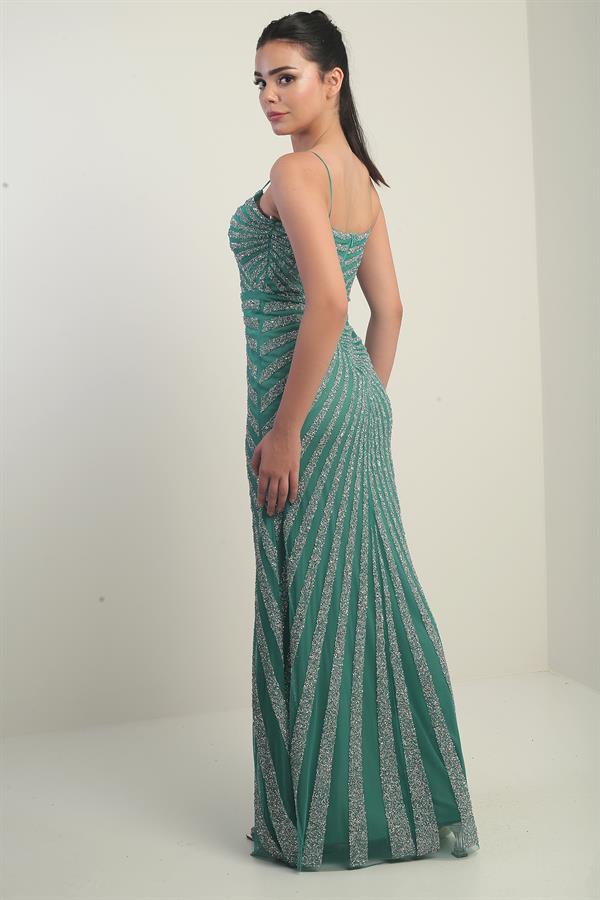 Women's Strappy Flocked Stone Print Lined Tulle Long Dress