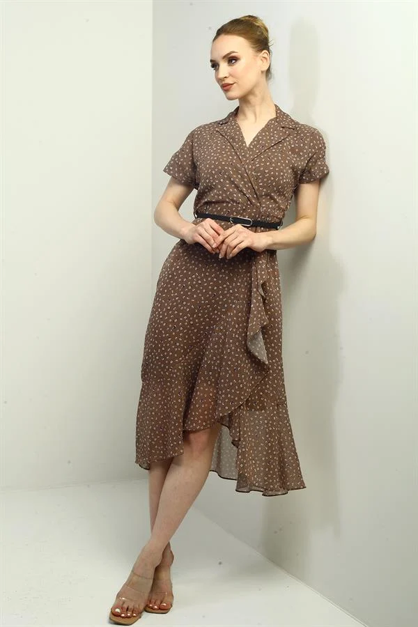 Kadın Kruvaze Yaka Astarlı Çıtır Desen Önü Volanlı Şifon Elbise