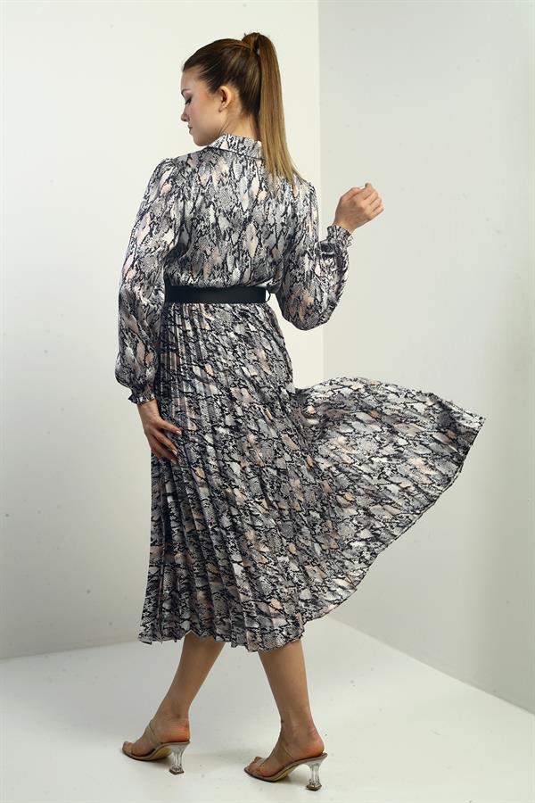 Women's Half-Front Button-Down Belted Lined Snake Pattern Pleated Midi Satin Dress