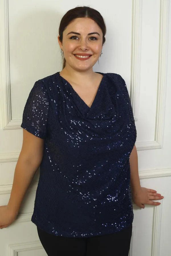 Kadın Degaje Yaka Astarlı Pulpayet Büyük Beden Bluz