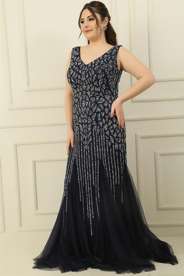 Front and Back V-Neck Stone Embellished Back Tie Lined Plus Size Long Dress