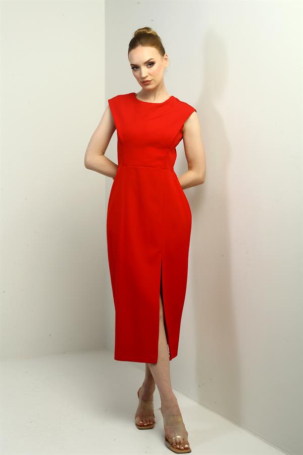 Kadın Kendinden Telalı Önü Yırtmaçlı Midi Elbise