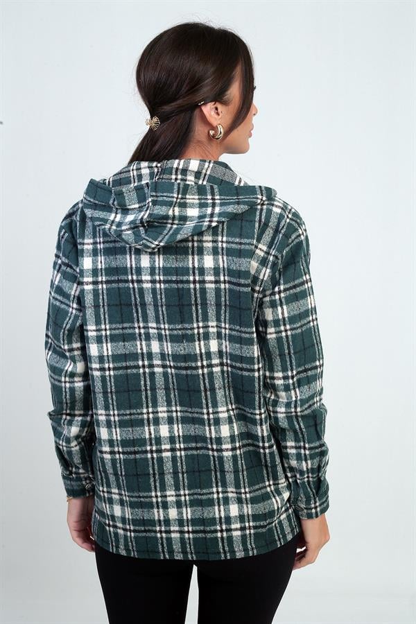 Chemise à capuche pour femme, motif à carreaux, poches à boutons métalliques