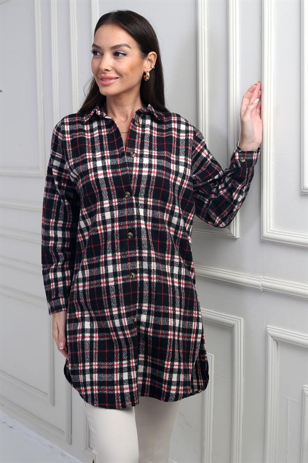 Chemise longue à carreaux pour femme avec fentes latérales