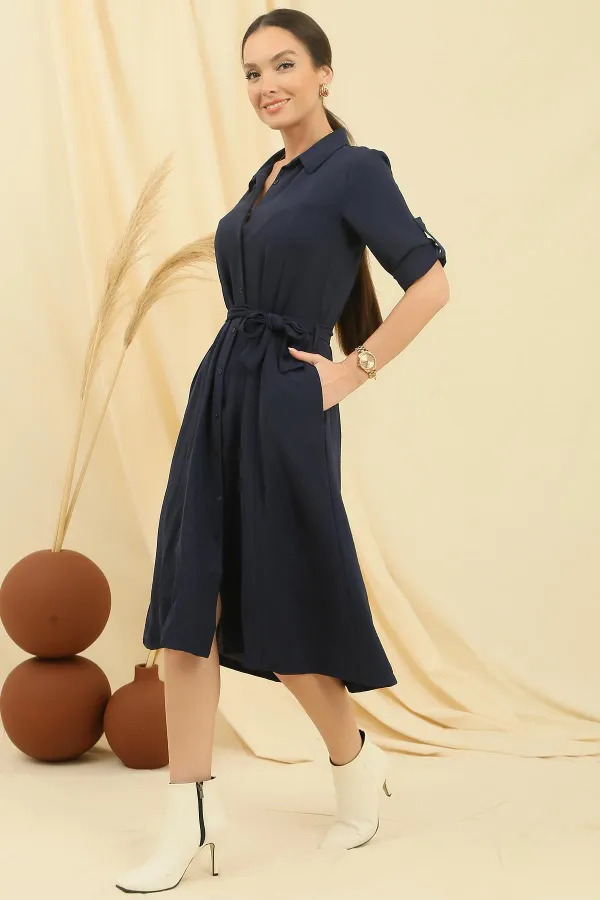 Buttoned Front Folded Sleeve Waist Belted Pocket Dress