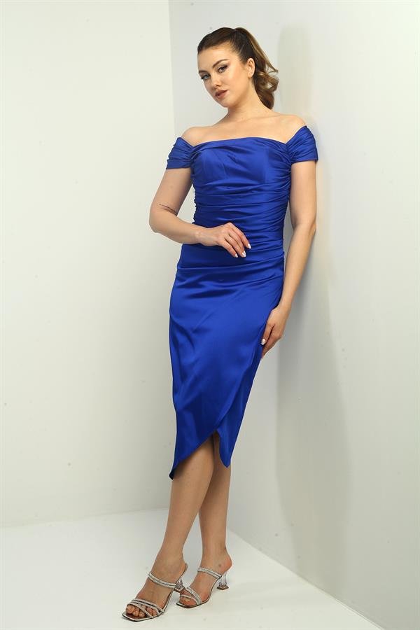 Women's Madonna Neckline Draped Asymmetrical Satin Short Dress