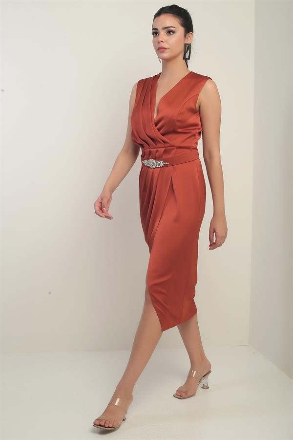 Women's Wrap Neckline Front Pleated Belted Crepe Satin Dress