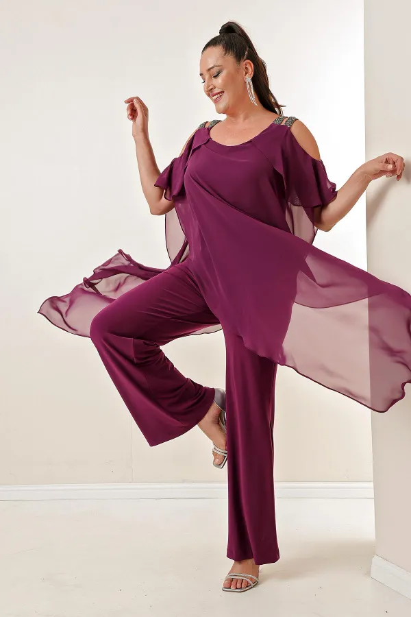 Combinaison grande taille en mousseline de soie et lycra avec épaules dénudées